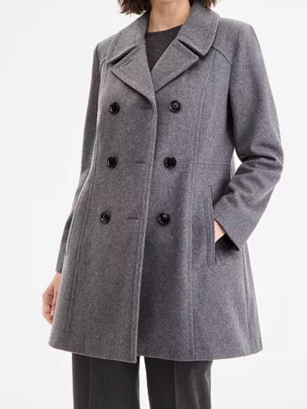 Anne Klein Gray Double-Breasted Wool Pea Coat